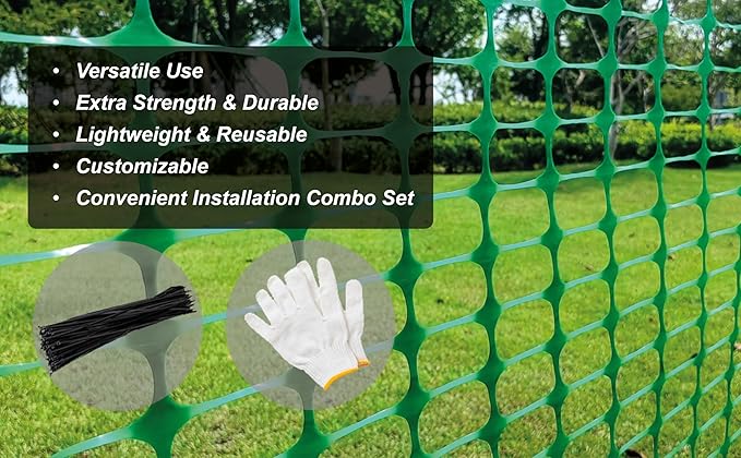 PotatoLife Plastic Mesh Fence, Extra Strength 40''x50' Roll with 50 Zip Ties, Resuable Temporary Netting for Garden Fencing, Snow Fencing, Animal Barrier, Poultry, Deer, Dog, Construction, Green