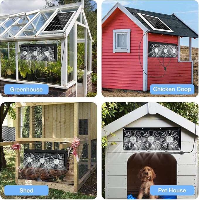Solar 3 Fan Kit, Waterproofed Solar Powered Fans for Outdoor Chicken Coop, Greenhouse & Shed Intake or Exhaust Air