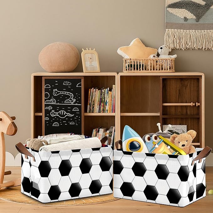 Abstract Football Collapsible Storage Box,Organizer Bin with Handles for Room Decoration,Bins Book Basket Box 17x11.5x10Inch