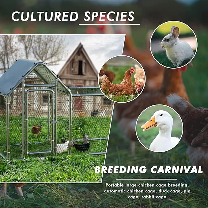 BOSSIN Bold Chicken Coop Run Large Metal Chicken Pen Outdoor, Poultry Cage Spire Shape, Heavy Duty Walkin for Yard with Waterproof and Anti-UV Cover,for Duck Rabbits Habitat