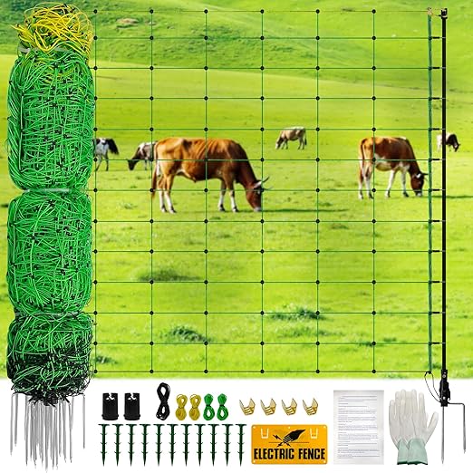 Electric Fence Netting, Portable Livestock Fencing for Sheep, Cattle, Net Fencing Kit with 14 Posts Double Spiked, Movable Poultry Netting for Backyards, Homesteaders, Farms Ranches (164 * 42.5)