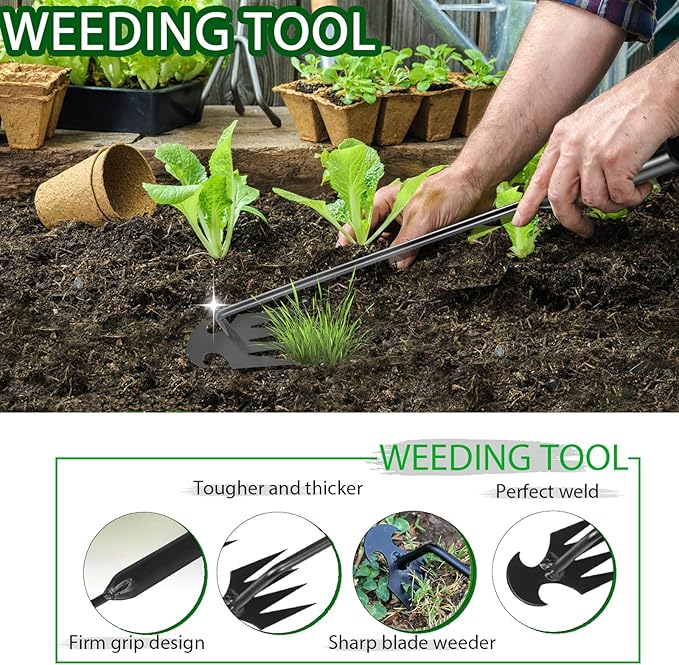 Stainless Weeding Artifact Uprooting Weeding Tool, Stainless Steel Forged Weed Puller 4 Teeth Dual Purpose Weeder, Standup Weed Root Pulling Tool and Picker for Backyard Farm Planting (Black 2Pcs)