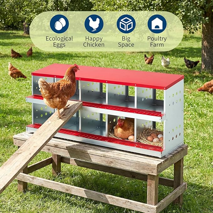 Heavy Duty Metal Chicken Nesting Box – 10 Compartments, Rollaway Egg Collection, Breathable Holes, Resting Platform, Lid, Wall Mounted/Floor Use, Easy Clean, Red, 160×48×71cm, with Cover