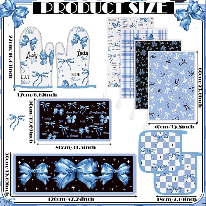 10 Pcs Blue Bow Kitchen Decor Set Dish Towels Kitchen Rugs Oven Mitts and Pot Holders for Cooking Baking Grilling Women Mom Gift