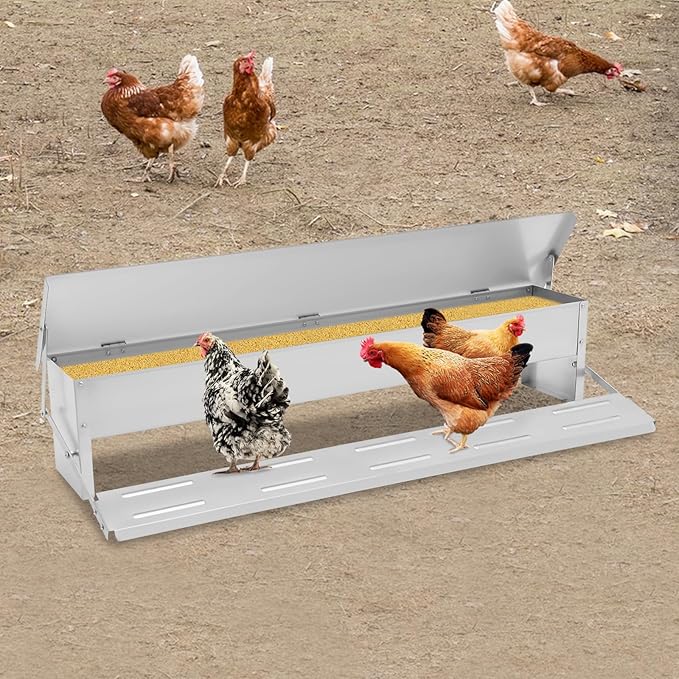 22lbs Automatic Chicken Feeder Automatic Galvanized Chicken Feeder with Weatherproof Lid Large Capacity Poultry Feeders Treadle for Chickens, Ducks, Geese