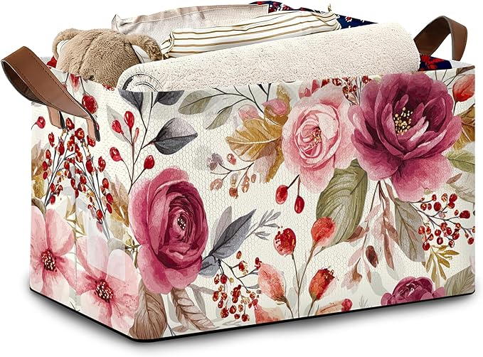 Vintage Pink Flower Storage Baskets,Foldable Large Capacity Organizer Bins with Waterproof Lining and Leather Handles for Closet,Shelf,Bedroom 17x11.5x10Inch