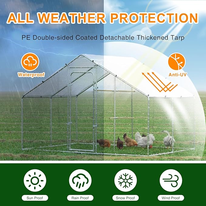 Large Metal Chicken Coop Heavy Duty Chicken Pens Outdoor with Top Walk in Poultry Cage Chicken Run Dog Kennel with Water Resident and Anti-UV Cover for Yard with Cover Duck Rabbit Cage
