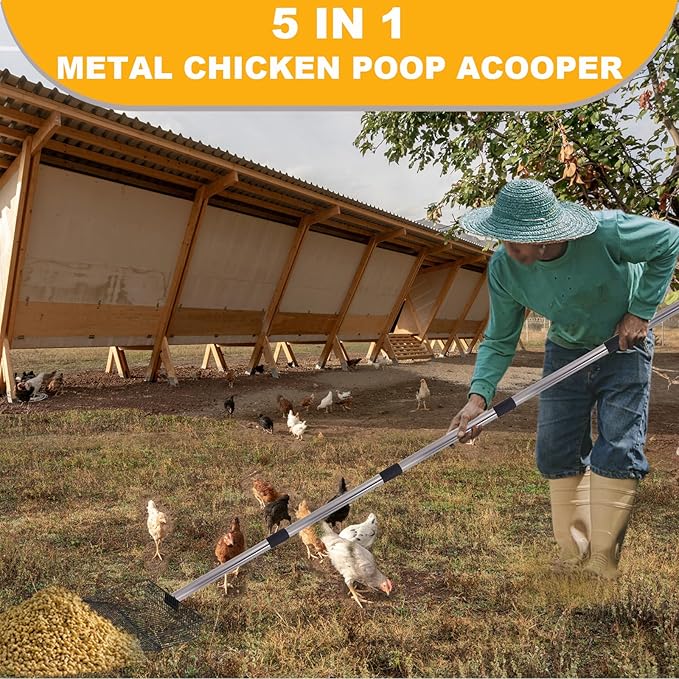10 Inch Chicken Coop Poop Scoop, Metal Litter Shovel with 22–77" Adjustable Stainless-Steel Handle, Screw-Connected Design, Wide Sifting Scoop for Sand and Fine Shavings, Poultry Coop Cleaning Tool