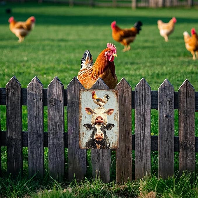 Vintage A Pig Cow Chicken Metal Sign Rustic Home Kitchen Coffee Garden Farmhouse Chicken Coop Wall Decor Ruster Tin Poster 12x8 Inch