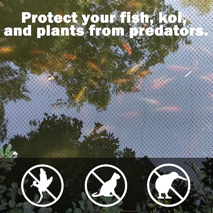 POYEE 10x10ft Pond Netting for Leaves Leaf Net Cover Pond Net with Small Fine Mesh Protecting Koi Fish from Birds Cats Stakes Included