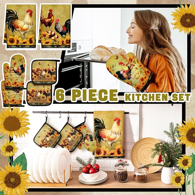 Leinuosen 6 Sunflower Rooster Farmhouse Kitchen Decor Dish Towels Oven Mitts and Pot Holders Sets Chicken Kitchen Towels Absorbent Decorative Accessories for Cooking Baking Grilling