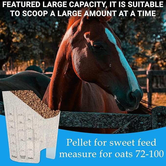 Clear Plastic Feed Scoop with Measurement Markings, Durable Sturdy Handle, Reusable Pellet Scoop for Horse Goat Sheep Cattle Stable Feeding, Large