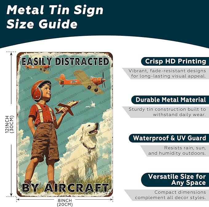 Airplane Decor Aviation Wall Art Vintage Airplane Metal Tin Sign Easily Distracted By Aircraft Retro Plane Poster For Home Bar Garage Man Cave 12x8 Inch