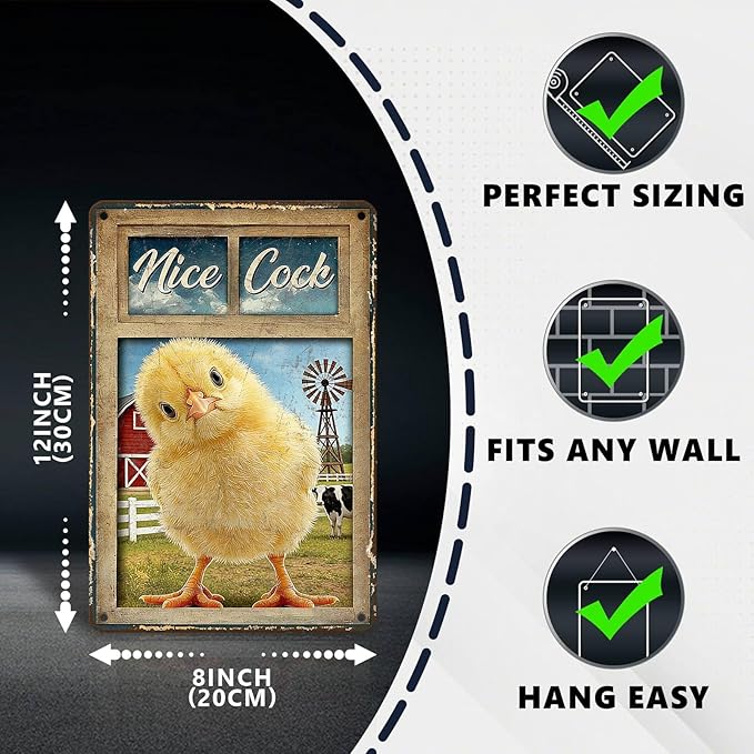 Funny Chicken Metal Signs Coop Decor Nice Cock Tin Signs Vintage Farmhouse Poster Rustic Wall Decor For Home Outdoor Farm Poultry House Cafe Bathroom Restroom Washroom Toilet 12 * 8 In