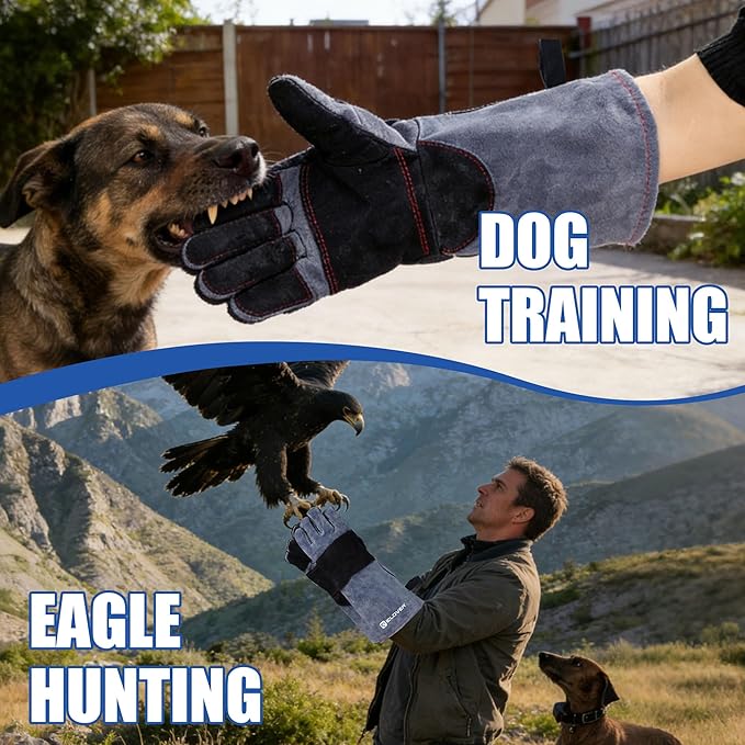 IC ICLOVER Animal Handling Gloves Snake Bite Proof, Double Leather Padding, Anti-bite Dog Cat Bird Reptile Control Protection