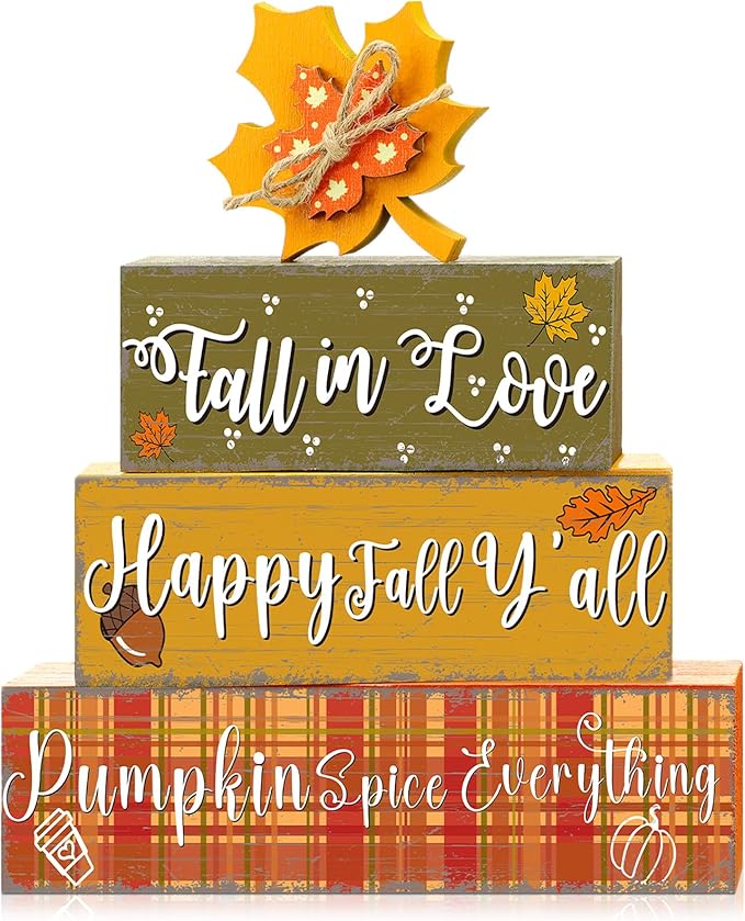 Geelin 4 Pcs Thanksgiving Decorations Fall Wooden Sign Maple Leaves Thanksgiving Pumpkin Table Centerpiece Tiered Tray Decor Fall Wood Blocks Tiered Tray Decor Table Top Sign for Home