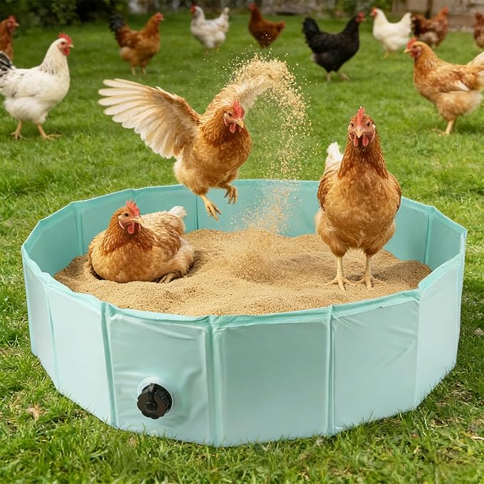 Chicken Dust Bath Tub, 32.3" D * 8" H Foldable Bathing Pool with Waterproof Cover & Feeder Net, Dust Bath for Chickens & Duck Tub, Dog Pool, Multi-Pet Coop Accessory (Green)