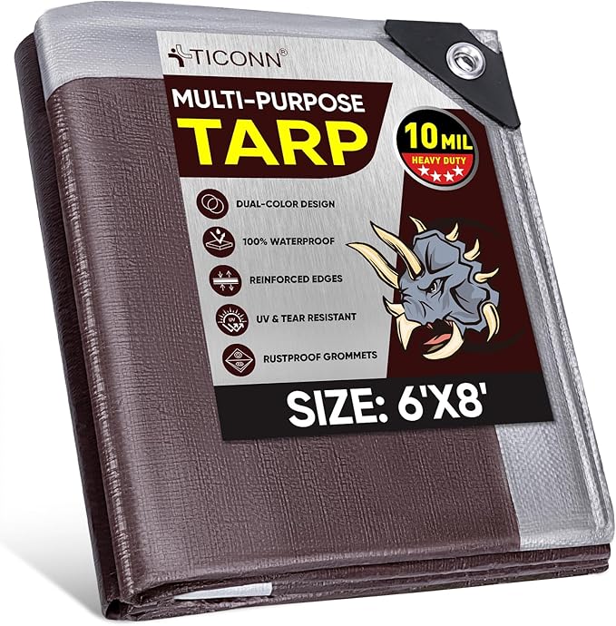 TICONN Heavy Duty Tarp Cover, Extra Thick Tarps Waterproof Tear and Rip Proof UV Resistant Tarpaulin with Reinforced Grommets and Edges (10 Mil, 6'x8')