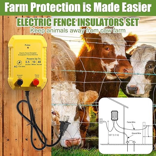Electric Fence for Preventing Animals Intruding 2 Mile 110VAC 0.5 Joule Electric Plug in Fence, 50 Black Insulator and 1 Socket Tool 250ft Aluminum Wire for Animals and Keep Out Predators