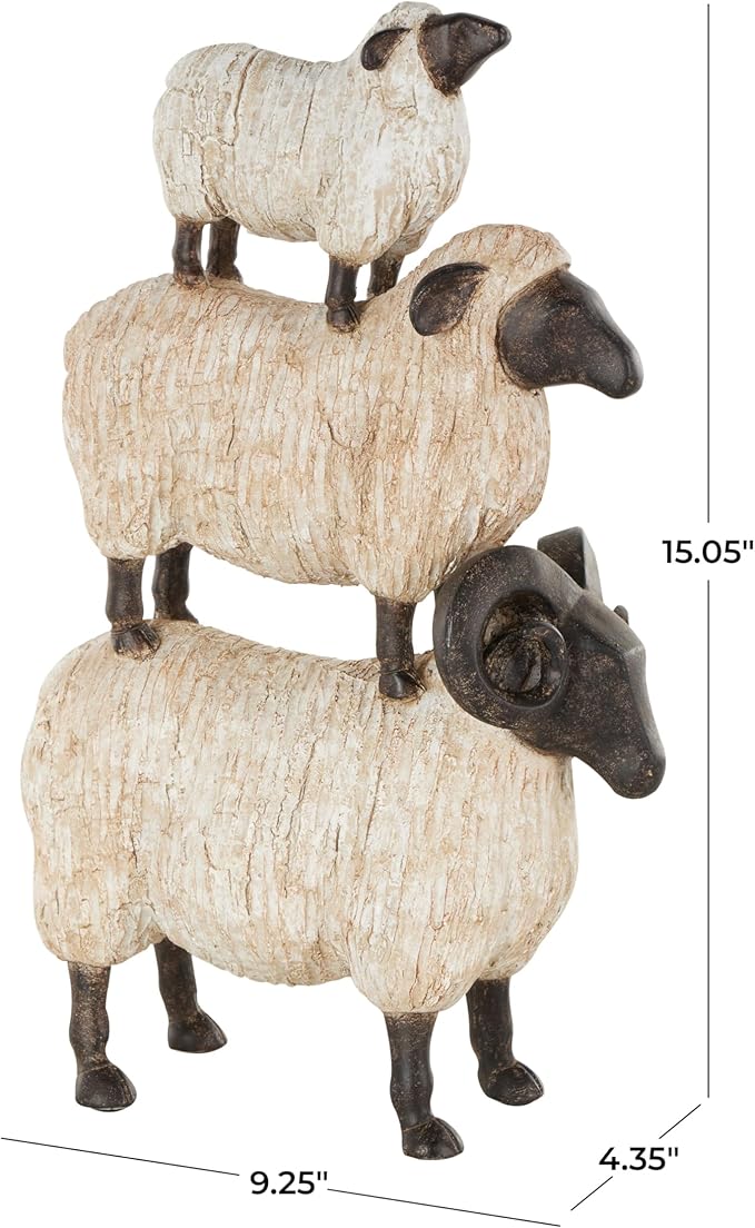 Deco 79 Polystone Sheep Stacked Sculpture with Black Accents, 9" x 4" x 15", Cream