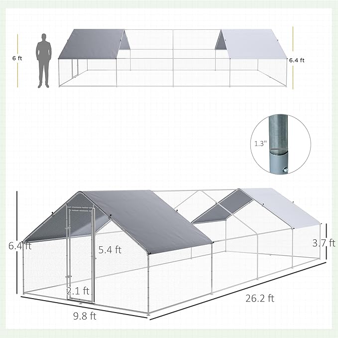 PawHut Large Chicken Coop Metal Chicken Run with Waterproof and Anti-UV Cover, Spire Shaped Walk in Fence Cage Hen House for Outdoor and Yard Farm Use, 1.26" Tube Diameter, 9.8' x 26.2' x 6.4'