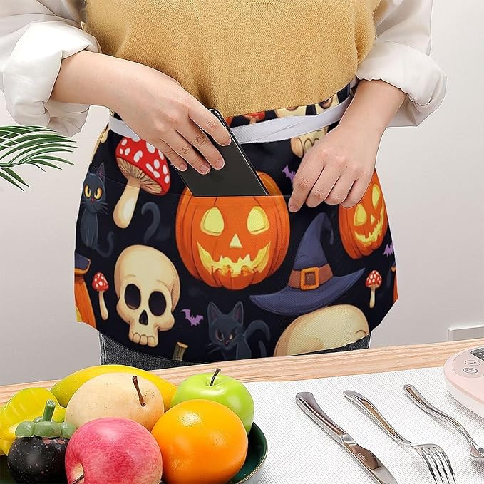 Unisex Apron for Cooking Server Waitress Half Waist Apron with 3 Pockets