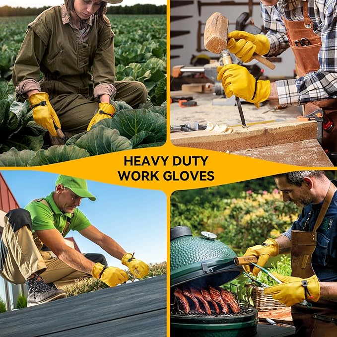 OZERO Leather Work Gloves for Men: X-Large 1 Pair Cowhide Working Gloves for Driving Heavy Duty Mechanic Ranch - Women Gardening Glove