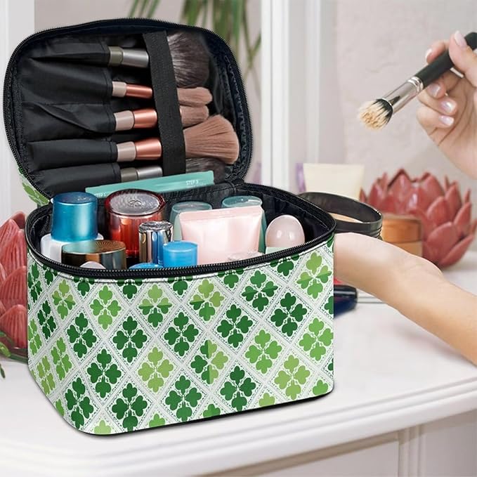 Travel Makeup Bags for Women Portable Tote Cosmetic Case with Carry Handle Toiletry Accessories Storage Organizer Bags for St. Ptrick's Day, Shamrock Grids Green