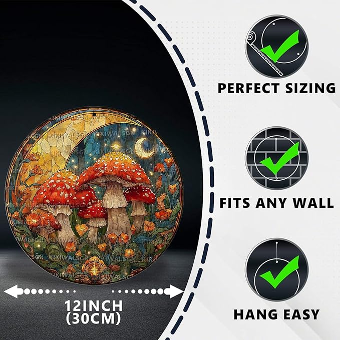 Vintage Mushroom Round Metal Sign Retro Tin Sign Nostalgic Rustic Wall Decor Decorations for Home Bedroom Living Room Cafe Bar Kitchen Yard Fence Door Outside Farmhouse 12 * 12 In