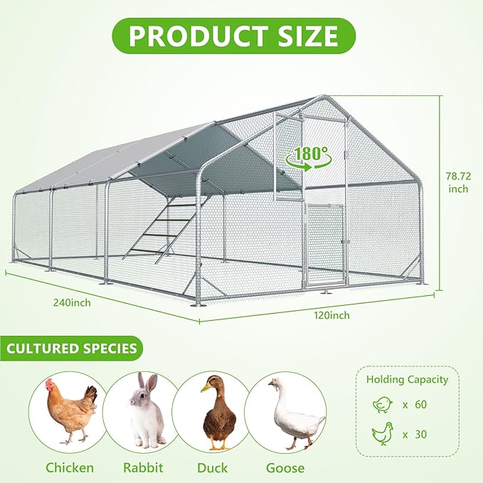 Large Chicken Coop,Metal Chicken Run for Yard with Feeding Door,Walk-in Chicken Pen for 20-30 Chickens,Outdoor Poultry Cage with Anti-UV Cover,Duck Rabbit House