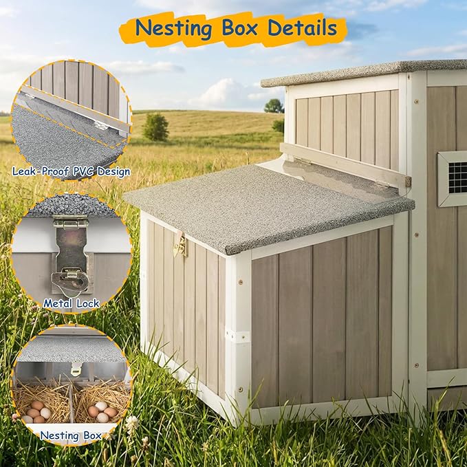 Chicken Coop Waterproof Asphalt Roof Predator-Proof Wooden Hen House for 2–4 Chickens Easy Clean Slide-Out Tray L-Shaped Metal Reinforced Outdoor Coop with Nesting Box Ramp & Ventilation