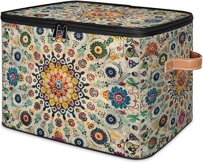 Vintage Boho Storage Bins with Zipper Lid Fabric Storage Containers for Clothes Collapsible Closet Storage Basket with Metal Frame 1 Pack