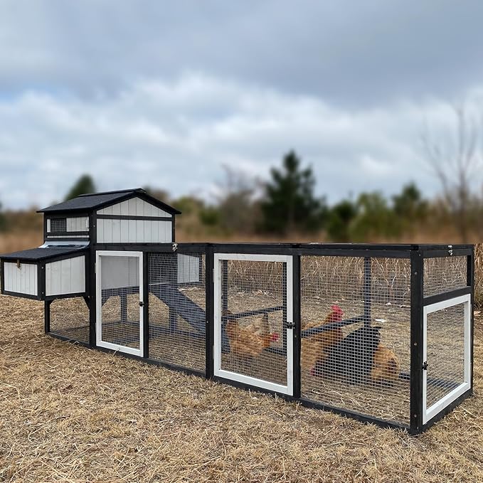 PetsCosset Extra Large Chicken Coop 116" L Wooden Poultry Cage with Run Hen House Outdoor Indoor Chicken Houses for 4-6 Chickens 4 Nesting Boxes, 4 Perches, Tray, Combinable, Gift for Chicken Lovers
