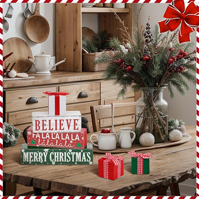 Geelin 4 Pieces Merry Christmas Wooden Table Decorations Xmas Wood Gift Boxes Decor Rustic Christmas Tiered Tray Decor Xmas Believe Tabletop Centerpieces for Home Desk Room Kitchen Shelf