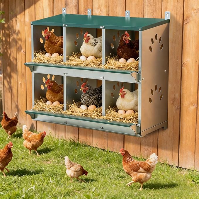 EAGLE PEAK 6-Hole Wall Mounted Chicken Nesting Box, Roll Away Hen Laying Box with Sloped Roof & Easy Clean Tray, Galvanized Steel for Backyard Chicken Coops (Green)