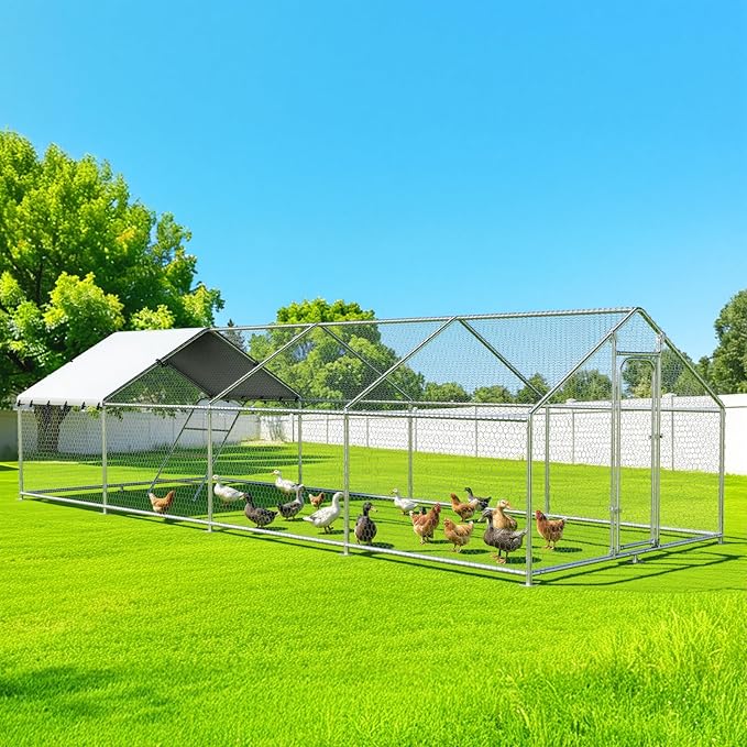 Large Metal Chicken Coop with Roosting Perch, Waterproof and UV Protection Cover, Chicken Run Outdoor Walk-in Cage Chicken Rabbit Duck Hen House for Yard Farm Use Spire Roof (10’ W x 26.2’ L x 6.4’ H)