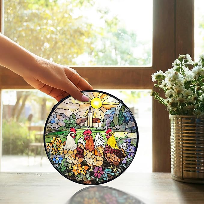 TNUW Chicken Flower Stained Glass Window Hanging, Rustic Farmhouse Chicken Flower Garden Sun Catchers Indoor Window Glass Round Wall Art Decor, Farm Animal Wall Hanging Decorations, 7.9＂x7.9＂