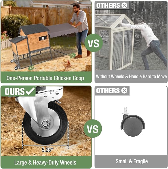 Extra Large Mobile Chicken Coop with Run, Portable Chicken Tractor with Wheels, Wooden Poultry Cage with All-Around Iron Frame, Metal Sliding Tray, Nesting Boxes for 6-8 Chickens