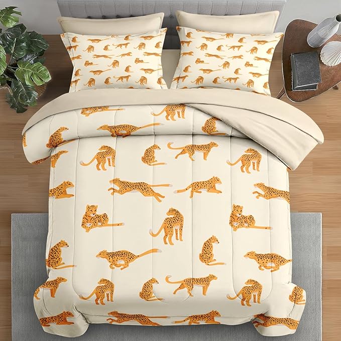 Comforter Set Queen Size, Leopard 7 Pcs Bedding for Kids and Adults, Cheetah Bedding Sets with Fitted Sheet 2 Pillowcases & 2 Shams for Bedroom Bed Decor