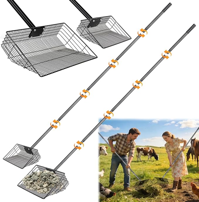 10" & 15" 2pcs Large Horse Manure Chicken Poop Scooper Set: Heavy Duty Carbon Steel Sifter Shovel, Metal Pooper Sifting Scoop for Poultry Run Farm, Chicken Coop Accessories Horse Stall Cleaning Tool