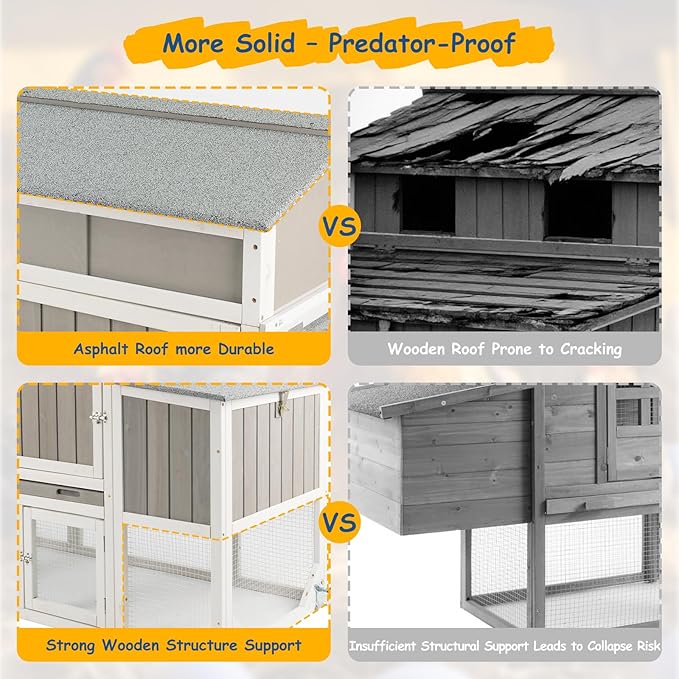 Wooden Chicken Coop with Wheels – Large Movable Outdoor Hen House with Waterproof Asphalt Roof, Nesting Box & Easy-Clean Tray Spacious Backyard Poultry Tractor (Grey, 77.4"L x 23.2"W x 39.2"H)