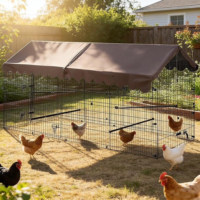 22 Sq Ft Large Metal Chicken Coop with Waterproof Cover, Outdoor Chicken Run for 6-8 Chickens, Rabbits & Ducks, Heavy Duty Rust-Resistant Poultry Cage with Secure Lock