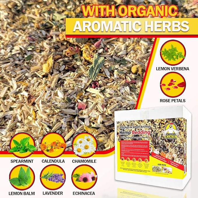 Hemp Bedding for Chicken Coop, with Anti Odor Herbs - Small Animal Litter for Guinea Pig, Hamster, Bunny Rabbit, Snake, Ferret, Tortoise, Rat and More - Pine Wood Shavings Alternative Poultry 1cuft