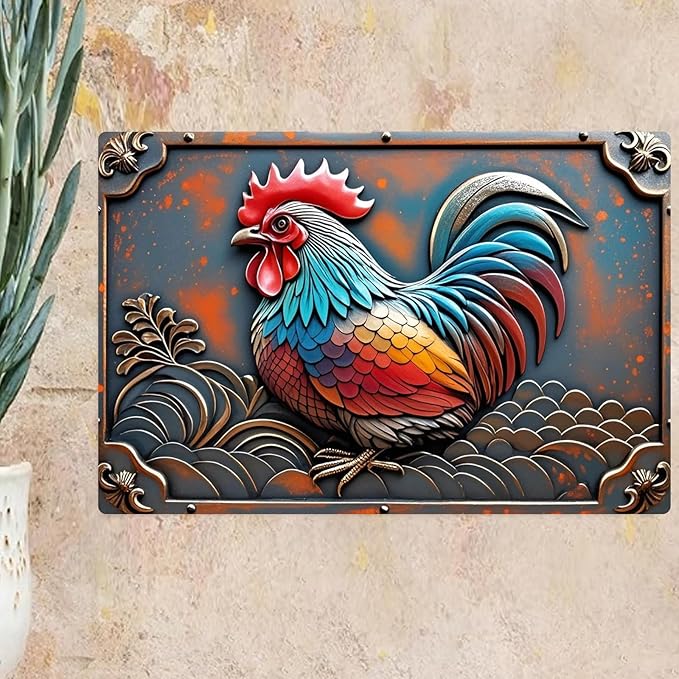 Chicken Retro Tin Sign Vintage Metal Post 2D Flat with 3D Visual Effect Wall Art Chicken Decor for Coops Farms Yard Home Bar Cafe Garage or Office - Thoughtful Chicken Gift Idea