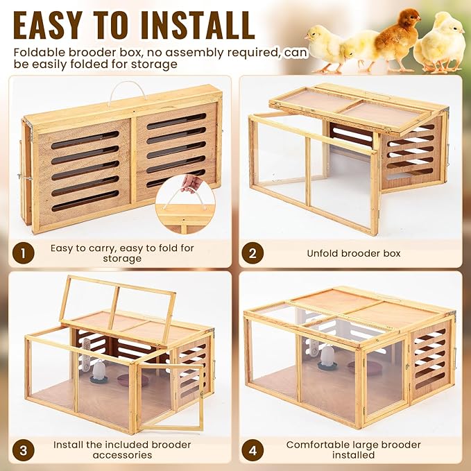 Large Chicken Brooder Box Kits 32x32x16 in Wooden Foldable Chick Brooder Box with Heated Light Thermometer Portable with Handle for up to 70 Chickens, Ducks, Quails, Hamsters, No Assembly