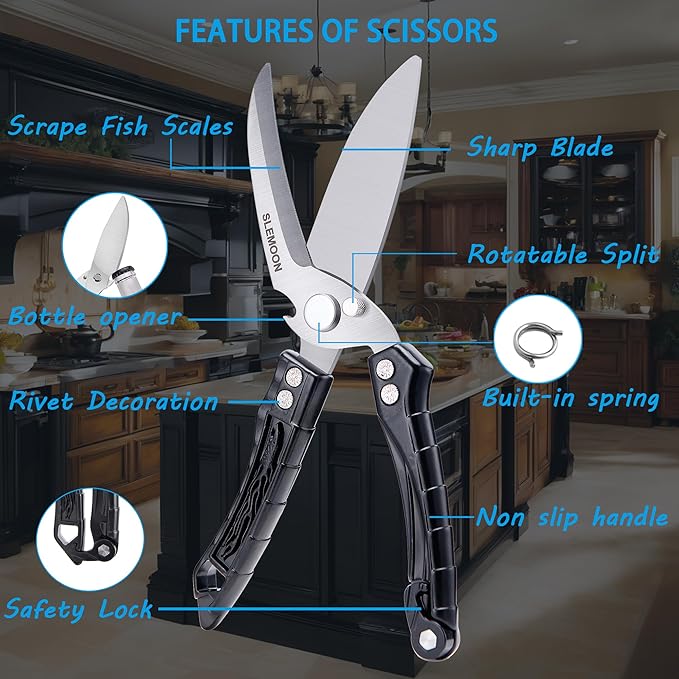 Kitchen Shears Heavy Duty Poultry Shears for Bone,Chicken,Turkey,Meat,Fish and Pizza Cutting Board Kitchen Scissors All Purpose for Food Ideal for Chef and Home Cooking,Dishwasher Safe Black