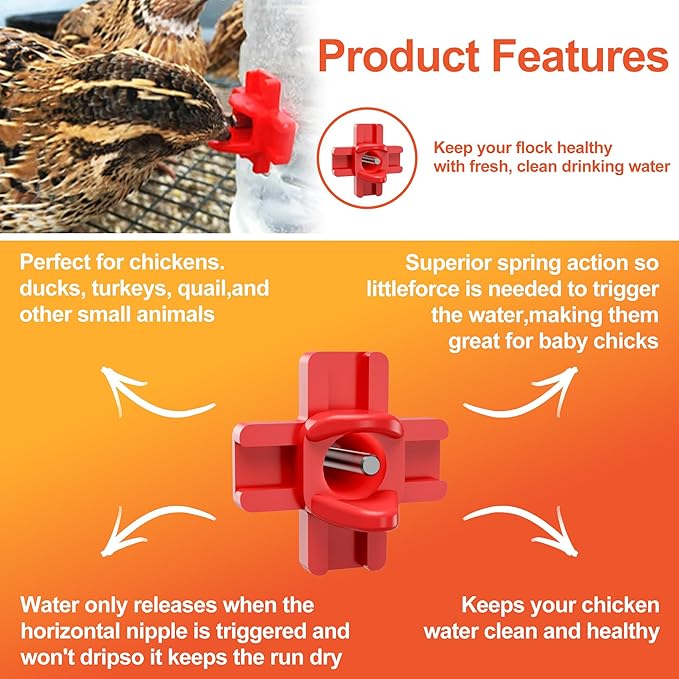 Horizontal Chicken Waterer Nipples, Automatic Poultry Watering System with Drill Bit, Leak-Proof & Side Mount Drinker Feeders for Chickens (Pack of 20)