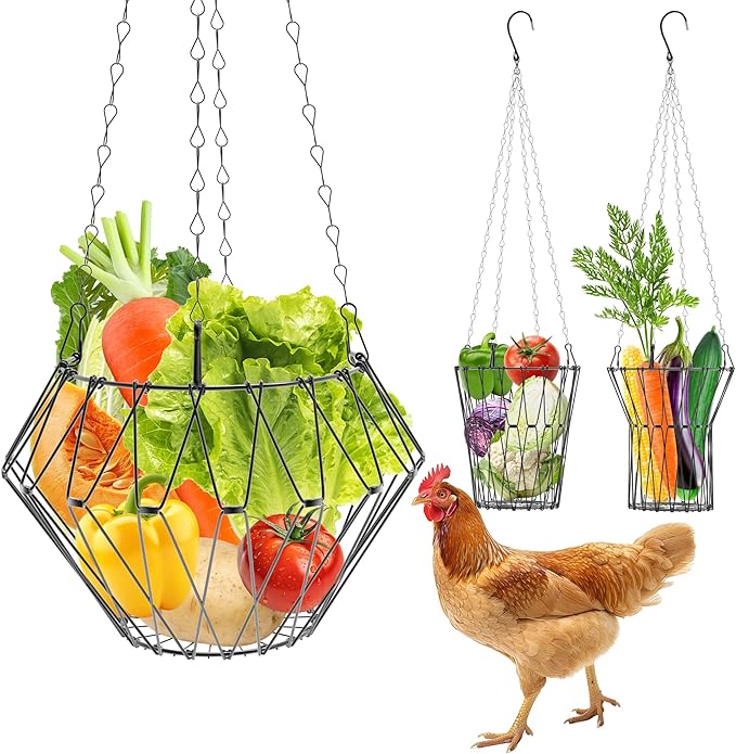 Hanging Chicken Feeder, Foldable Chicken Vegetable Fruits Feeder, Poultry Feeding Holder Basket with Hanging Chain, Veggie Treat Ball for Chicken Coop Accessories (1 Pack)