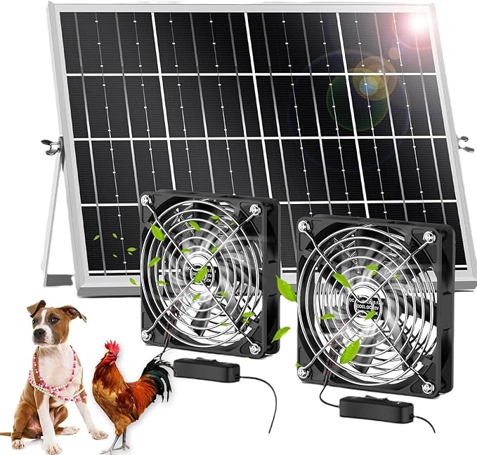 15W18v Solar Powered Dual Fan Kit IPX6 Waterproof - 5" High Speed Cooling for Chicken Coop, Barn, RV, Dog House, Green Energy, Automatic Exhaust Fan with Cable (Easy to Install)