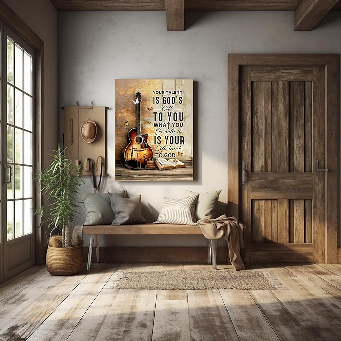 Christian Guitar Wall Art Inspirational Quotes Guitar Pictures Wall Decor Your Talent Is God'S Gift To You Framed Artwork Canvas Prints Music Room Decorations For Music Studio Bedroom 16"X20"
